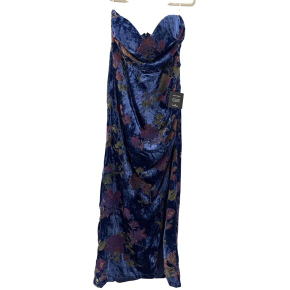 Lulus Women's Exquisite Blue Floral Burnout Velvet Strapless Maxi Dress Size M - Picture 1 of 7